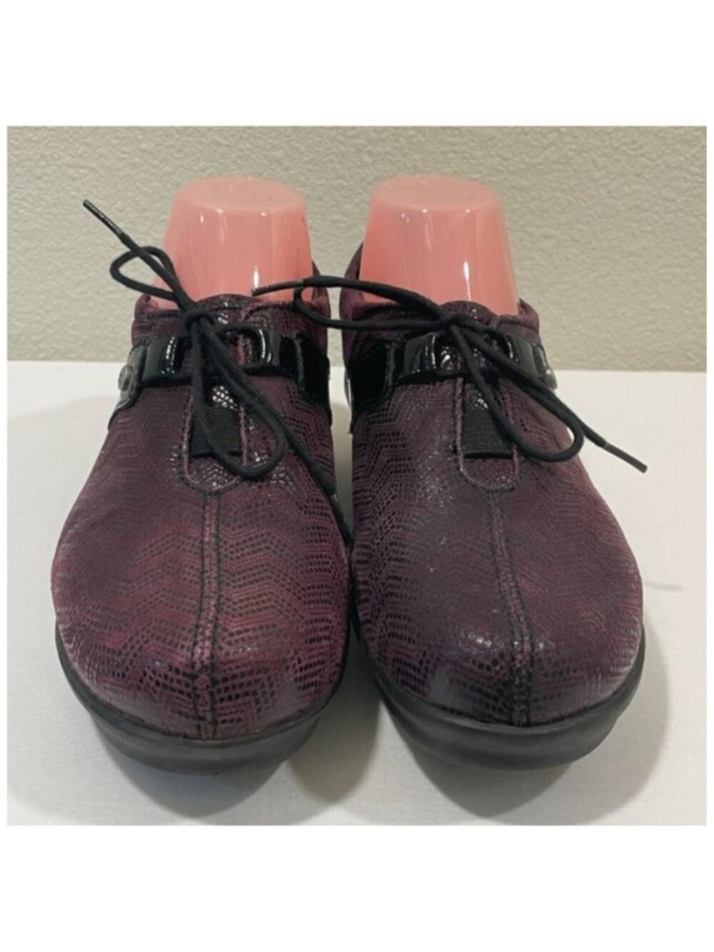 WOLKY Muse Lace Up Loafer Wedge Pebbled Chevron Leather & Patent Wine Women 9.5